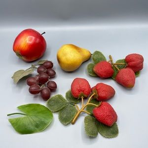 5 Vintage Fruit Fake Faux Plastic 1 Grapes 1 Apple 2 Strawberries 1 Pear